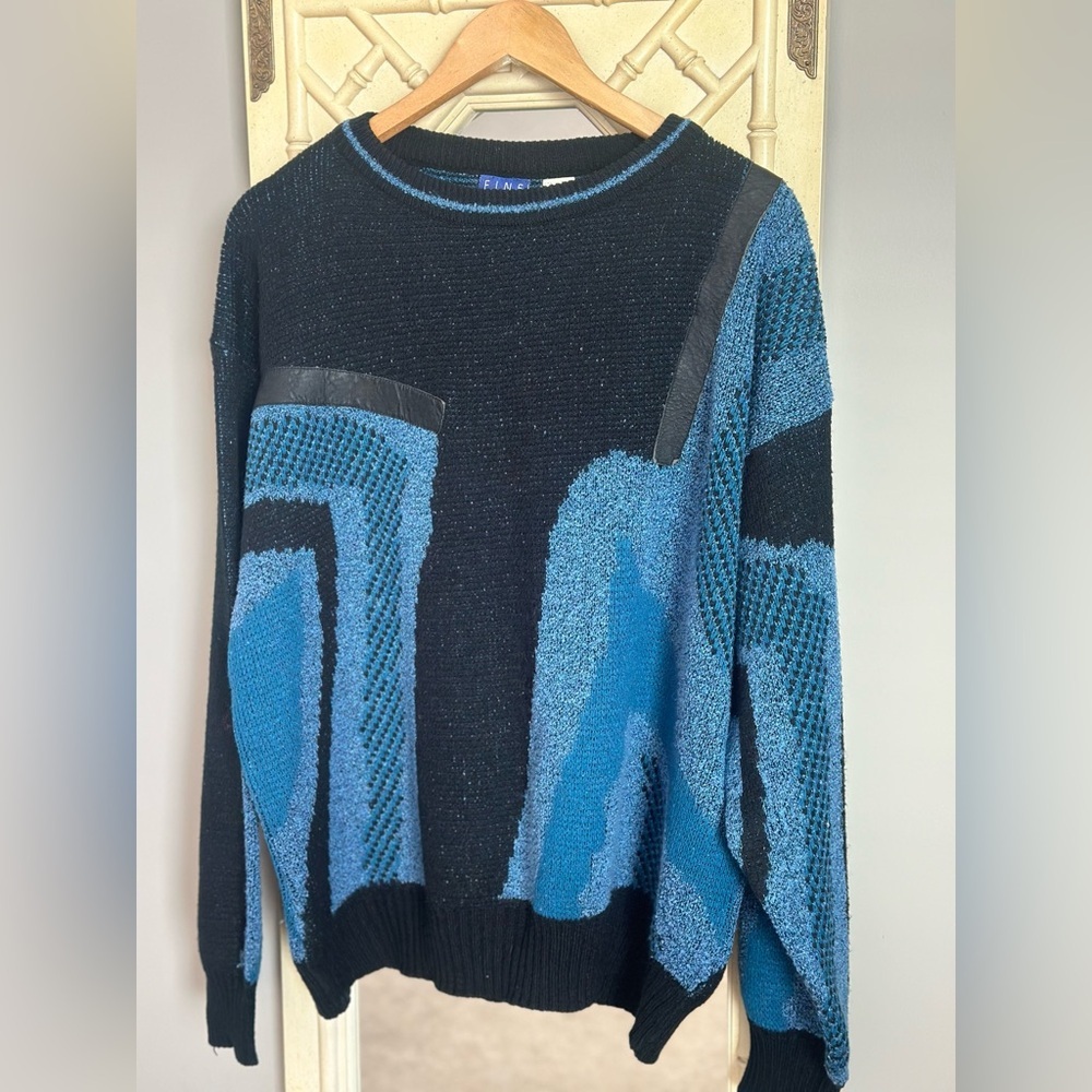Vintage Black and Blue Abstract Acrylic Crewneck Sweater with Leather accents - Picture 6 of 9